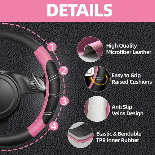 10 Pcs Car Floor Mats Full Set & Sport Leather Steering Wheel Cover 14.5-15 inch, Center Console Cover, Seat Belt Cushion, Cup Holder Coaster, Universal Automobile Interior Sets (Pink)