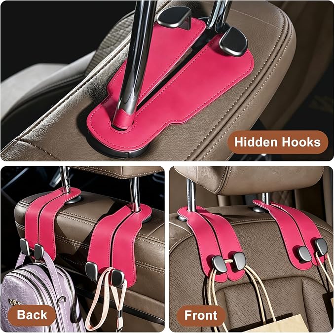 CoBak Purse Hook for Car - Universal Premium Stitched Leather and Aluminum-Magnesium Alloy Double Car Seat Back Storage Hook for Purses, Handbags, Bags (2 Pack),Raspberry