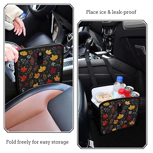 Car Trash Can Organizer Bin with Adjustable Strap for Back Front Seat Console Waterproof Leakproof Collapsible Portable 11 Inch Autumn Leaf Pattern Black