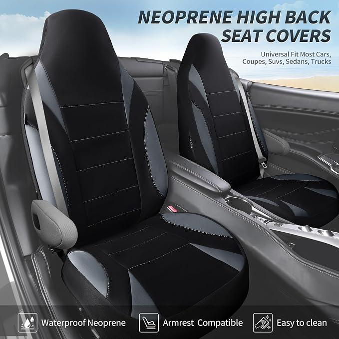 Waterproof High Back Car Seat Covers Front Seats with Armrest Gray | Neoprene Bucket Seat Cover, Airbag and Armrest Compatible, Built-In Seatbelt Universal Fit for Cars,Truck, Van, SUV
