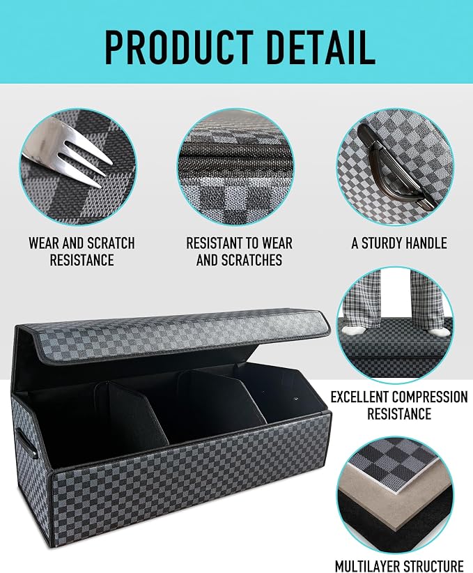 Car Trunk Organizer for SUV and Sedan, Blue-Gray, 29.5 inches | Unique Blue‑Gray Plaid, Extra Large, Leather Storage Box, Magnetic Lid, Collapsible & Adjustable, Water‑Resist & Dust‑Proof
