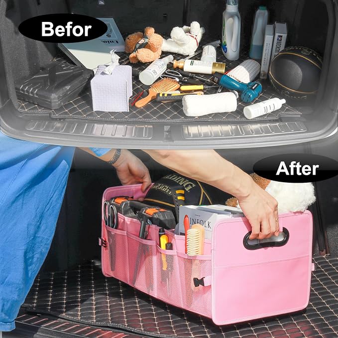 Car Trunk Organizer, Car Organizers and Storage Collapsible Multi Compartment Container Box, Adjustable Car Accessories for SUV Sedan Truck, Large Size, Pink