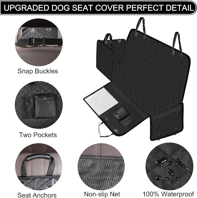 Femuar Dog Car Seat Cover with Storage Pockets Mesh Visual Window, Waterproof Nonslip, Heavy Duty Scratchproof Pet Dog Back Seat Cover Hammock for Cars Trucks and SUVs