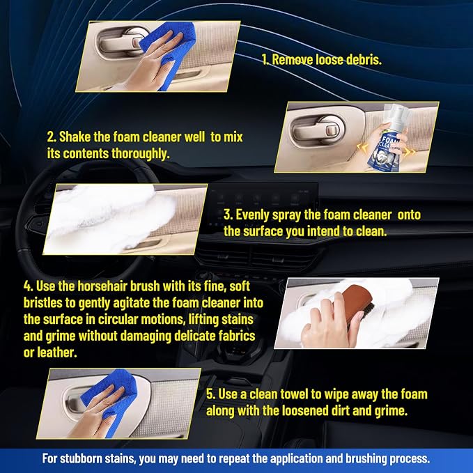 Car Interior Foam Cleaner Multifunctional Car Seat Cleaner Powerful Carpet Upholstery Stain Remover Kit with Detailing Brush & Towel Safe for Cloth, Leather, Fabric, Vinyl & Plastic 5oz