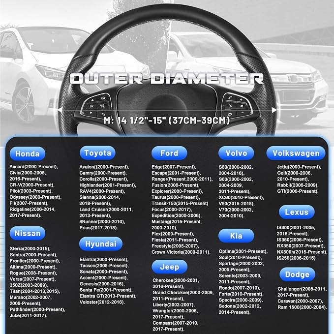 Car Steering Wheel Cover Universal Standard Size 14.5-15 inch, Black and Blue Microfiber Leather