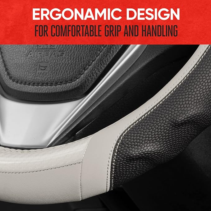 UltraSport White Carbon Fiber Steering Wheel Cover, Standard 15 inch Size, Black Faux Leather Comfort Grip, Car Steering Wheel Cover for Auto Truck Van SUV