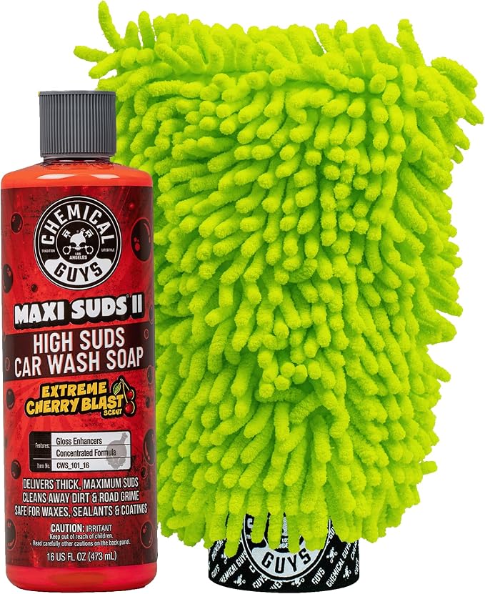 Maxi Suds II Cherry Scent Car Wash Soap and Chenille Microfiber Wash Mitt Bundle, High Foam Shampoo for Foam Cannons, Guns, and Buckets, Safe for All Paint - 16 Fl Oz