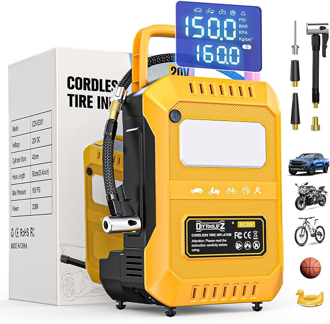 Tire Inflator Portable Air Compressor Compatible with Dewalt 20V Battery, 160PSI Air Pump with Dual Digital Screen, Auto Shut-Off, 5X Faster Inflation & Deflation for Car, Motor (Tool Only)