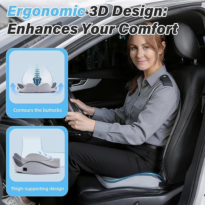 X-Large Seat Cushion for Truck & Car Drivers, Memory Foam Seat Cushion for Long Driving, Sciatica & Tailbone Pain Relief, Ergonomic Back Support Cushion with Non-Slip Bottom & Washable Cover