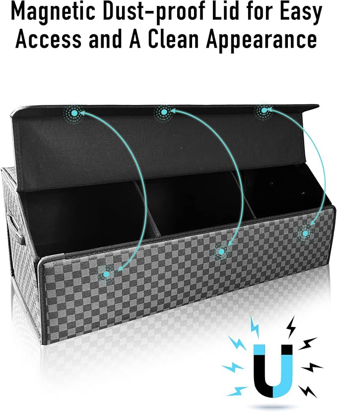 Car Trunk Organizer for SUV and Sedan, Blue-Gray, 29.5 inches | Unique Blue‑Gray Plaid, Extra Large, Leather Storage Box, Magnetic Lid, Collapsible & Adjustable, Water‑Resist & Dust‑Proof