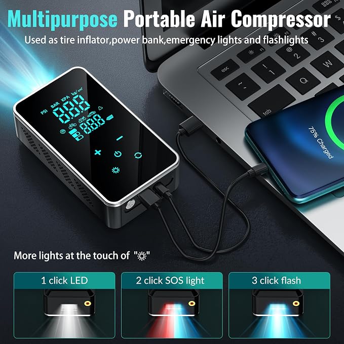Tire Inflator Portable Air Compressor, 150 PSI Cordless Air Pump for Car Tires, Bike Pump with Tire Pressure Gauge, LED Light, Digital Touch Screen for Car, Motorcycle, Bicycle, Balls