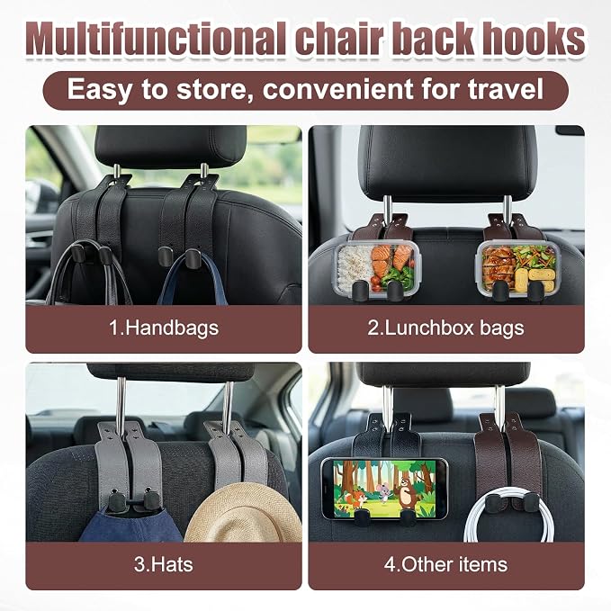 Headrest Hooks for Car, Car Seat Hooks for Headrest, Seat Back Storage Hook, Twinhook Leather Car Headrest Hangers, Seat Back Universal Fit Storage Organizer for Purses and Bags Cute (2, Black)