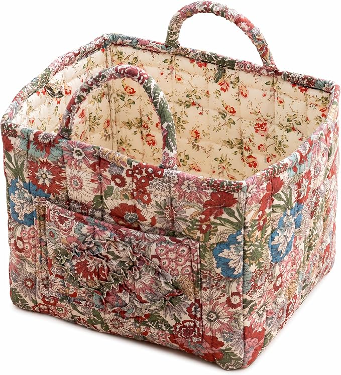 Floral Fabric Storage Basket Car Interior Storage Basket Underwear Sundries Laundry Baskets Supplies Home Organizer Bag (green retro floral)
