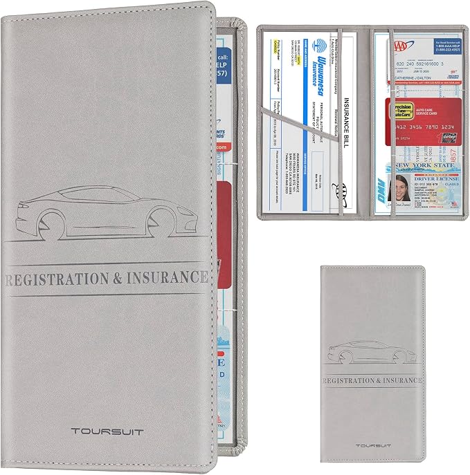 Car Registration and Insurance Card Holder, Vehicle License Document Glove Box Compartment Organizer, Interior Car Accessories for Women Men (Grey)