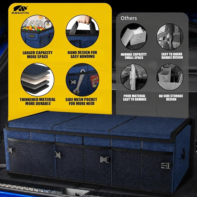 Car Trunk Organizer - 95L Collapsible Trunk Organizer with Lid, Sturdy Car Storage for SUV Auto Truck Van with Adjustable Straps and Non Slip Bottom (Blue, XX-Large)