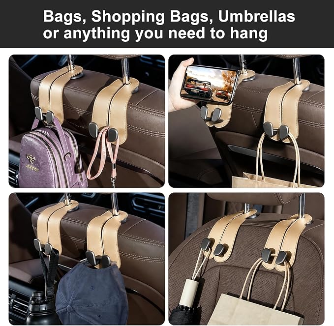 CoBak Extra Wide Car Seat Back Hooks, Premium Stitched Leather Headrest Hangers with Wide Slot Structure, Universal for Any-Width Purses, Handbags, Bags (2 Pack), Gold