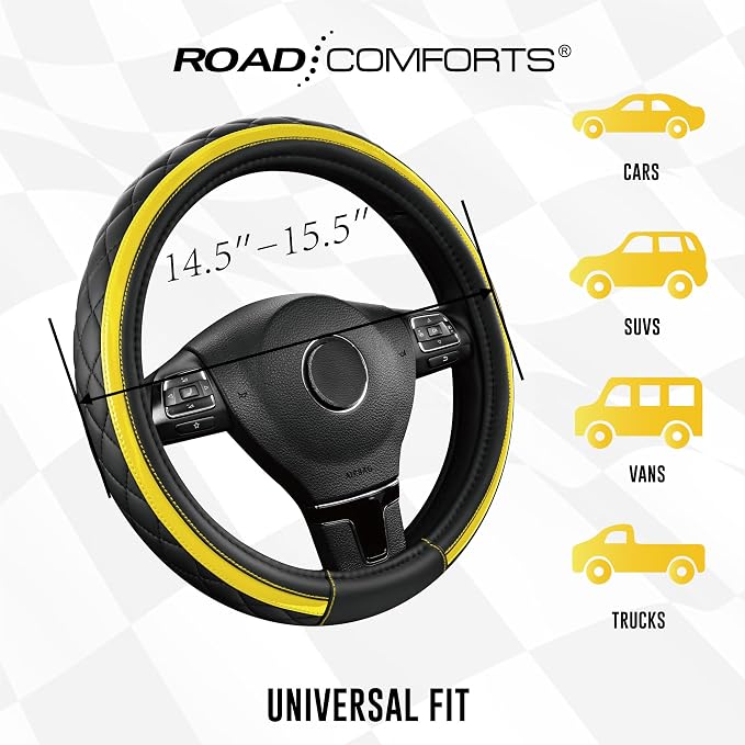Leather Steering Wheel Cover – Black & Yellow, Universal Fit 14.5-15 Inch, Microfiber Leather, Anti-Slip & Breathable Design for Men and Women