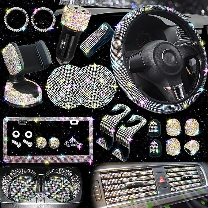 27 PCs Multicolor Bling Car Accessories Set for Women, Steering Wheel Covers Universal Fit 15 Inch, Bling License Plate Frame, Bling Phone Holder, Bling Car Coasters