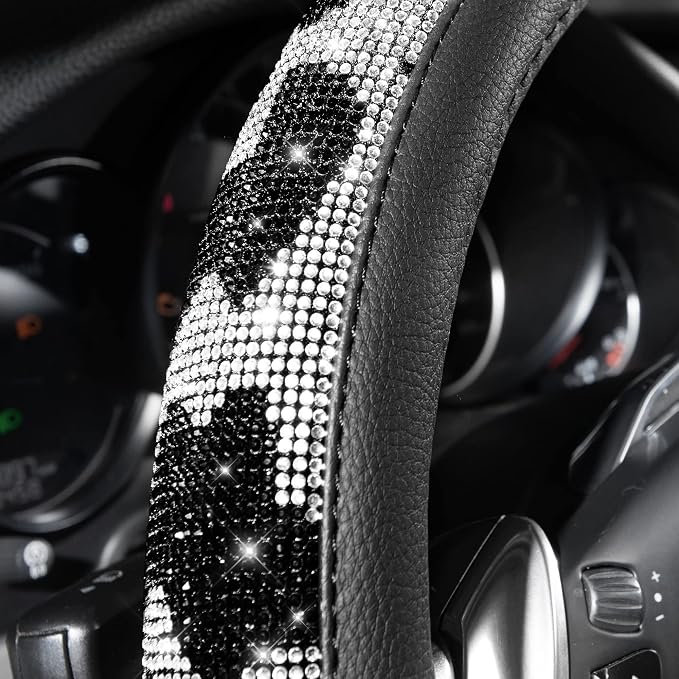 Bling Cow Print Diamond Steering Wheel Cover, with Sparkly Crystal Glitter Rhinestones Black Leather Car Wheel Protect for Women Girl Fit Suvs,Vans,Sedans,Cars,Trucks, 14" 1/2-15" Cow Design