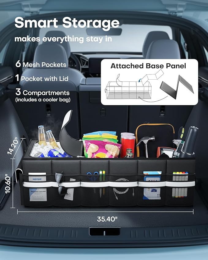Trunk Organizer - Car Organizer with Built-In Leakproof Car Cooler, Collapsible Trunk Organizer with Cooler for SUV, Sedan, with Base Panel (3 Compartments, Black), 35.4"×14.2"×10.6"