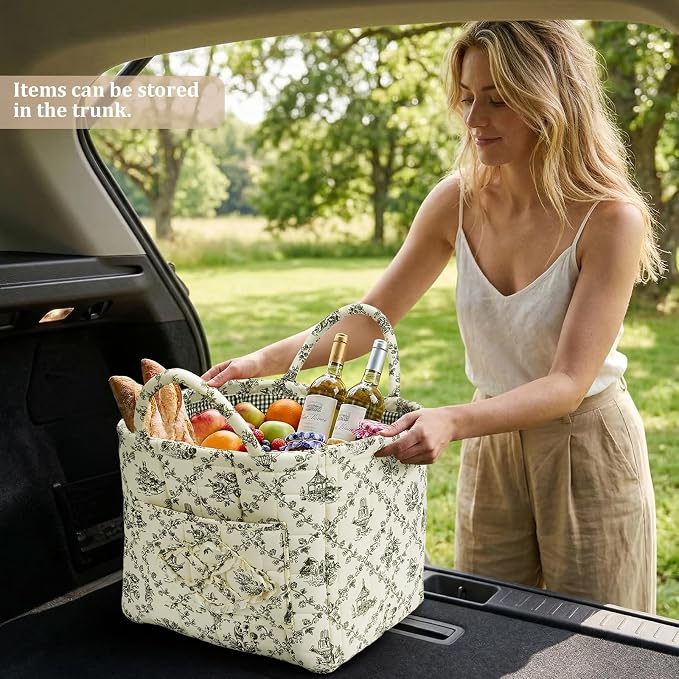 Floral Fabric Storage Basket Car Interior Storage Basket Underwear Sundries Laundry Baskets Supplies Home Organizer Bag (Green)