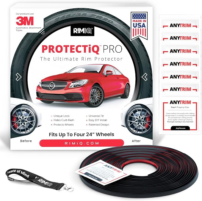 PROTECTiQ PRO Universal Rim Protection Trim - Curb Rash Guard with Award-Winning Patented Design and Premium 3M Tape - Fits Up to 4X 24 Wheels, Cars, Trucks, SUVs - Black