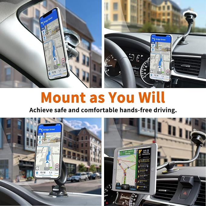 Magnetic Phone Car Mount 14-Inch Gooseneck Long Arm Extension, Universal Windshield Dashboard Industrial-Strength Suction Cup Car Phone Holder for All Cell Phones (Magnetic Phone Mount)