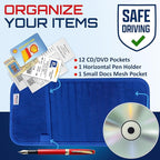 CD Case Holder for Car - Sun Visor Organizer for 12 CD’s/Dvd’s, 1 Mesh Pocket & 1 Horizontal Pen Holder - Safe, Ergonomic Design (Blue)