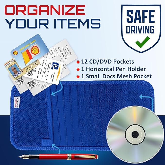 CD Case Holder for Car - Sun Visor Organizer for 12 CD’s/Dvd’s, 1 Mesh Pocket & 1 Horizontal Pen Holder - Safe, Ergonomic Design (Blue)