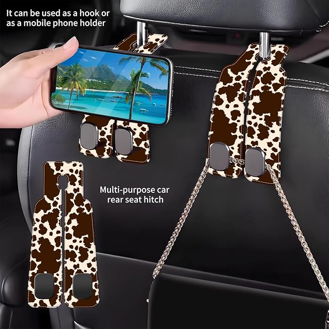 1 Pack Car Seat Headrest Hooks for Purses and Bags Camouflage Brown Cow Skin Bag Purse Holder for Car with Double Metal Hooks Car Purse Hanger Hanging Accessories