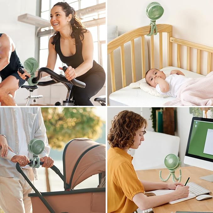 8000mAh Portable Stroller Fan, 27H Ultra-long Battery Life Detachable 4 Speed 360°Rotate LED Night Light with 2 Modes, USB Rechargeable Handheld Cooling Fan for Travel/Car Seat/Bedroom