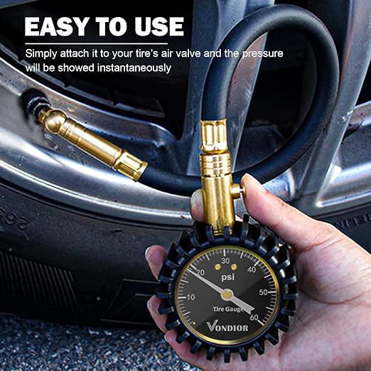 Tire Pressure Gauge with Tube (0-60 PSI), Air Pressure Gauge Certified ANSI Accurate with Large Easy to Read Glow Dial, Tire Pressure Gauge for Car Trucks Bicycle Tires