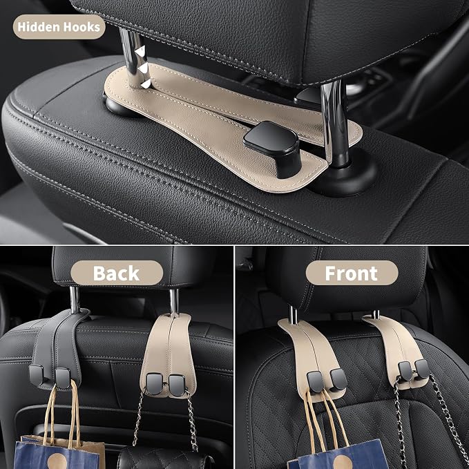 2 Pack Car Headrest Hooks for Purses and Bags Cute Leather Car Seat Back Head Rest Double Hooks for Bags Cute Pink Beige Car Accessories Headrest Back Seat Handbags Hook (Beige 2 Pack)