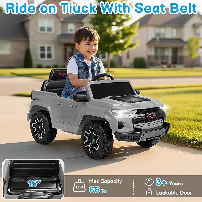 Licensed Chevrolet Colorado Electric Car for Kids, 12V Ride on Toys for Toddlers with Remote Control, Battery Powered Electric Car Ride On Vehicle w/Bluetooth, Soft Start, LED Lights - Gray