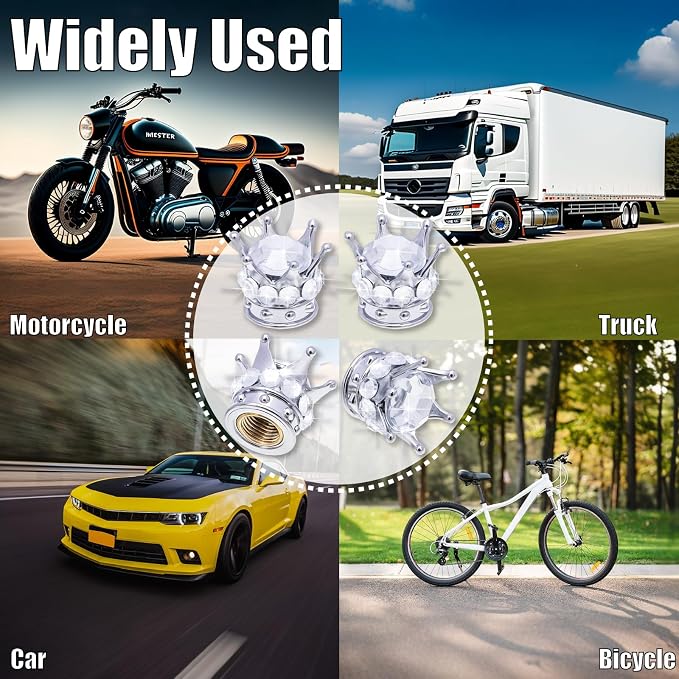 4PCS Crown Bling Tire Stem Valve Caps, Crystal Diamond Car Wheel Tire Valve Caps Universal Copper Core Stem Covers for Cars, SUV, Trucks, Bikes, Motorcycles, Bicycles (Silver)