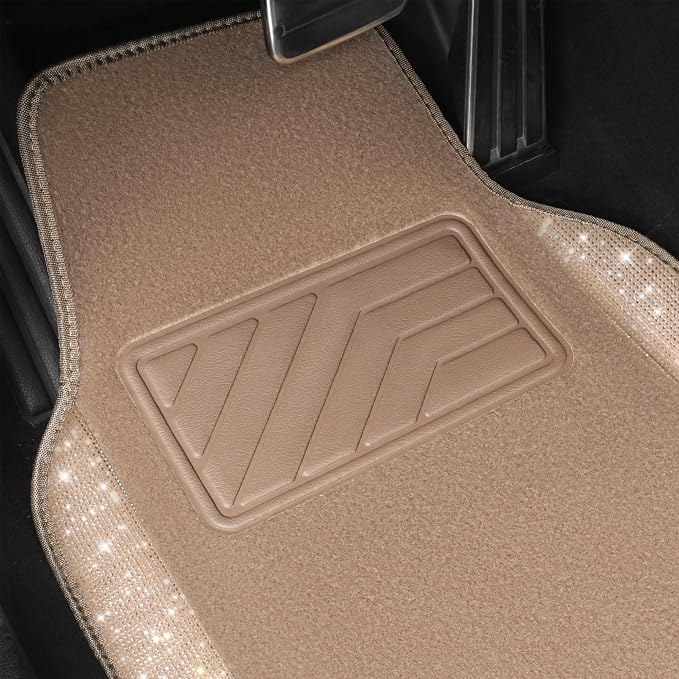 Bling Car Mats Shining Diamond Carpet Crystal Rhinestones Sparkly Glitter Floor Mats with Anti-Slip PVC Heel Pad Universal Fit for Automotive SUV, Sedan, Car, Van, 4pcs for Girl Women, Beige