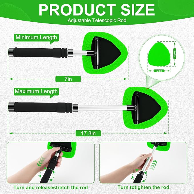 Windshield Cleaner Tool, Car Interior&Exterior Window Cleaning Tool with Extendable Handle & 4 Reusable Microfiber Pads, Auto Glass Wiper Brush Kit for Cars (Green)