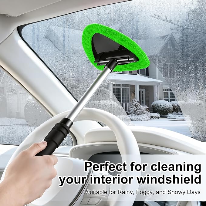 Windshield Cleaner Tool, Car Interior and Exterior Window Cleaning Kit with Extendable Handle & 4 Reusable Microfiber Pads, Auto Glass Wiper Brush Kit for Car & Home Windows (Green)