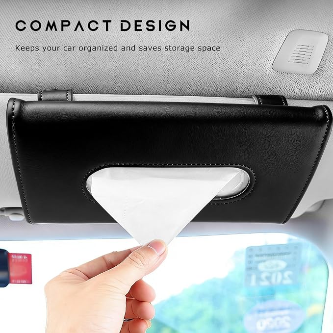 Car Tissue Holder, Auto Sun Visor Napkin Holder Hanging Paper Towel Dispenser with Tissue Refill, Premium Leather Napkin Case Mask Organizer for Backseat & Visor, Car Accessories (Black)