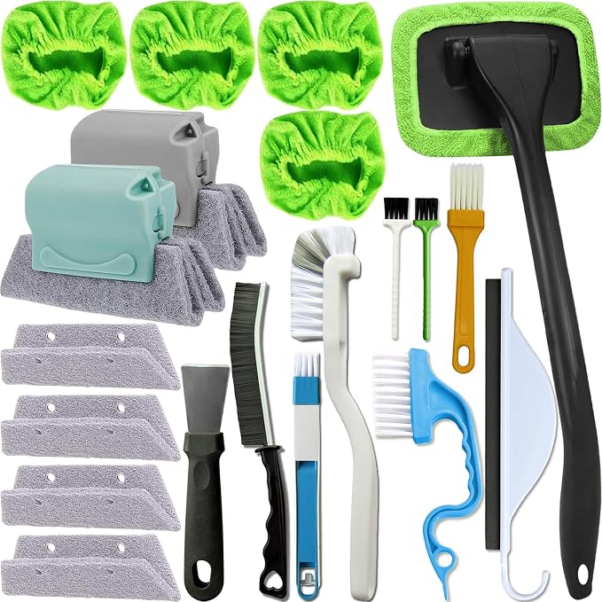 Small Window Track Cleaning Kit, 20Pcs Multi-Purpose Household Cleaning Tools with Squeegee, Detail Brush & Reusable Microfiber Pads for Sliding Door, Glass, Bathroom Mirror, Auto Windshield