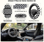 5 Pcs Fuzzy Black & Wihte Car Accessories Set, Soft Fluffy Plush Steering Wheel Cover, Center Console Armrest Pad & Rearview Mirror Cover - Interior Decorations for Women,Universal Fit (Check)
