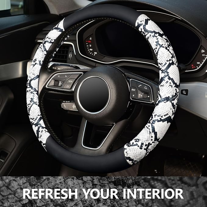 Snake Skin Steering Wheel Cover, Universal 14.5-15 inch Breathable Microfiber Leather Anti-Slip Car Steering Wheel Protector for Women Men, Black&White
