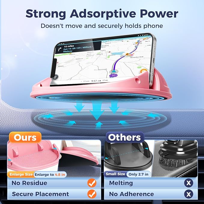 Car Phone Holder, Car Phone Mount Silicone Car Pad Mat for Various Dashboards, Slip Free Phone Stand Compatible with iPhone, Samsung, Pink