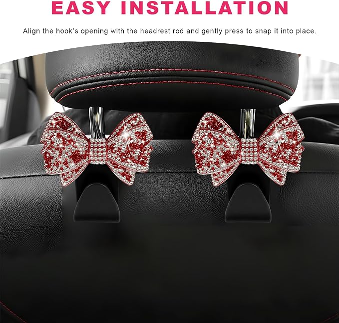 2PCS Bling Bow Car Seat Headrest Hooks, S-Type Crystal Auto Rear Seat Organizer for Handbags Purses Groceries, Cute Rhinestone Bow Seats Back Storage Hook for SUV Truck Sedan (Red)