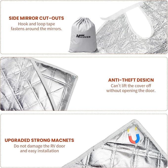 RV Windshield Window Snow Cover for Class B Dodge Mercedes Sprinter (2006-2015) for Front Window Sunshade Accessories with Mirror Cutouts, Zipper Opening rv windshield cover Silver