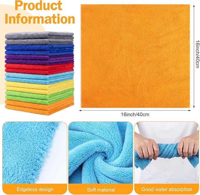 16 Pcs Car Microfiber Towels Buffing Drying Wash Cleaning Cloths Plush Large Towels Thick Care Polishing Detailing Waxing Scratch Proof Towel, 15.75 x 15.75 Inch (Multicolor)