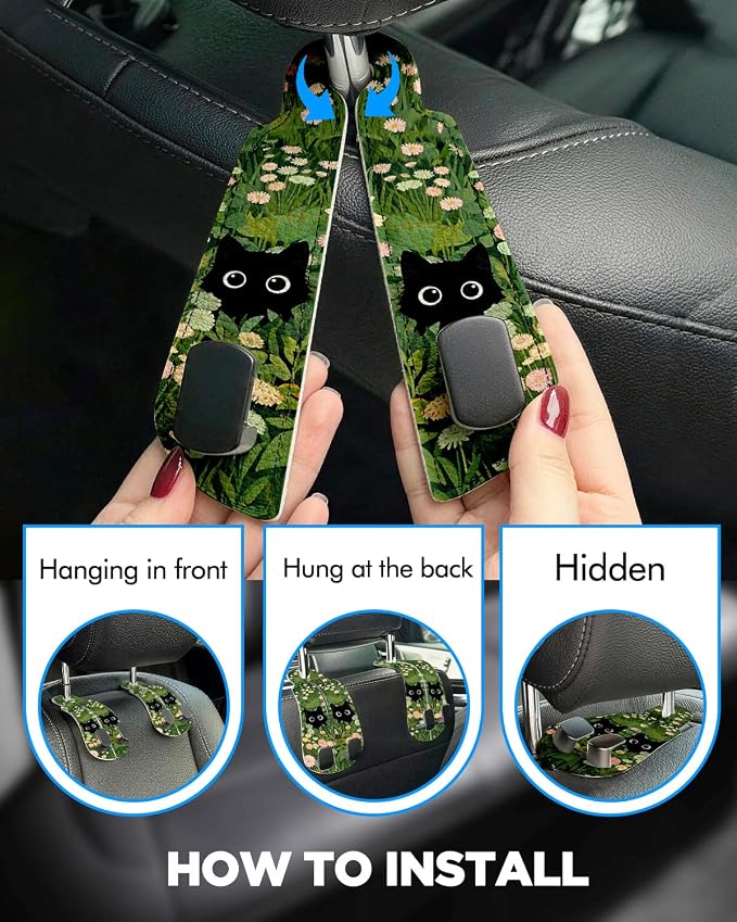 Purse Holder for Car, 2 Pack Heavy Duty Purse Hanger for Car, PU Leather Car Seat Hooks for Purses and Bags, Cute Grass Cat Headrest Organizer for Handbags & Backpacks