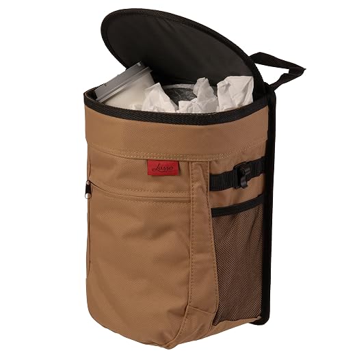 Spill-Proof Car Trash Can - Easy to Clean Hanging Garbage Bin - Leak-Proof Lid, Removable Liner, Waterproof - Keeps Truck, SUV, Car, Minivan Clean & Odor Free - 2.5 Gallon Tan Car Trash Can
