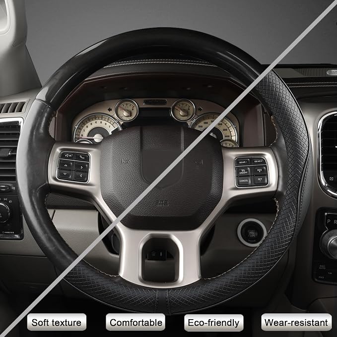 Customized Auto Car Steering Wheel Cover for Dodge RAM 1500 2500 3500, 15.5-16 inch (Black-Large Size)