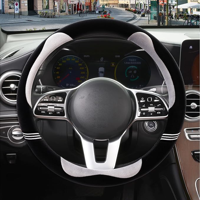 Furry Cute Soft Steering Wheel Cover 14 inch Black with Gray | Fluffy Short Plush Car Accessories, Non-Slip Cold-Proof Sweat-Proof Colorfast, Small 13.5 inch to 14 inch